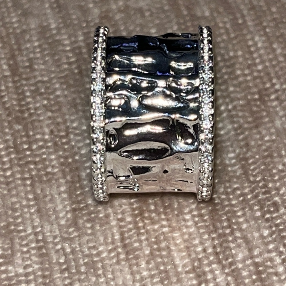 Hammered Silver Wide Band Ring with Pavé Edge Accents - Silver - Picture 8 of 14